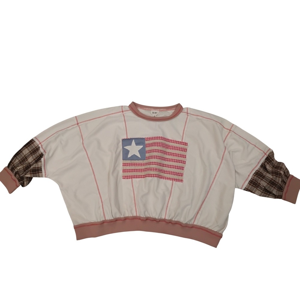 NWT BIBI‎ American Flag Patch Distressed Graphic Sweatshirt Women's Size XL - Picture 2 of 7